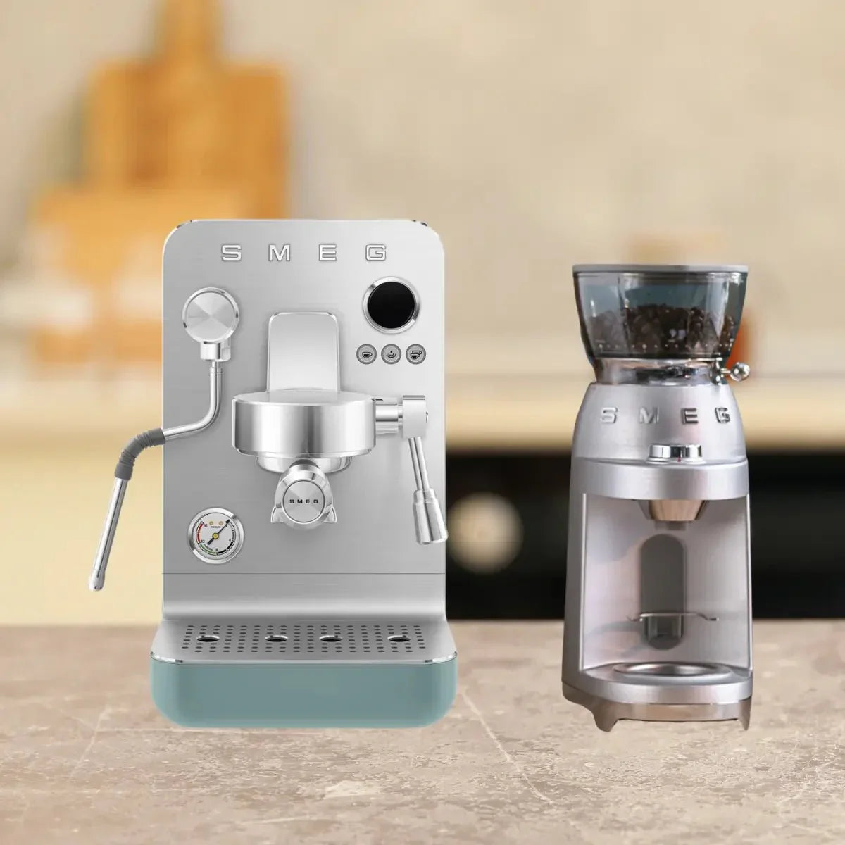 Smeg EMC02 MiniPro Espresso Machine + Smeg CGF02 Mini Pro Coffee Grinder Home Bundle Kit