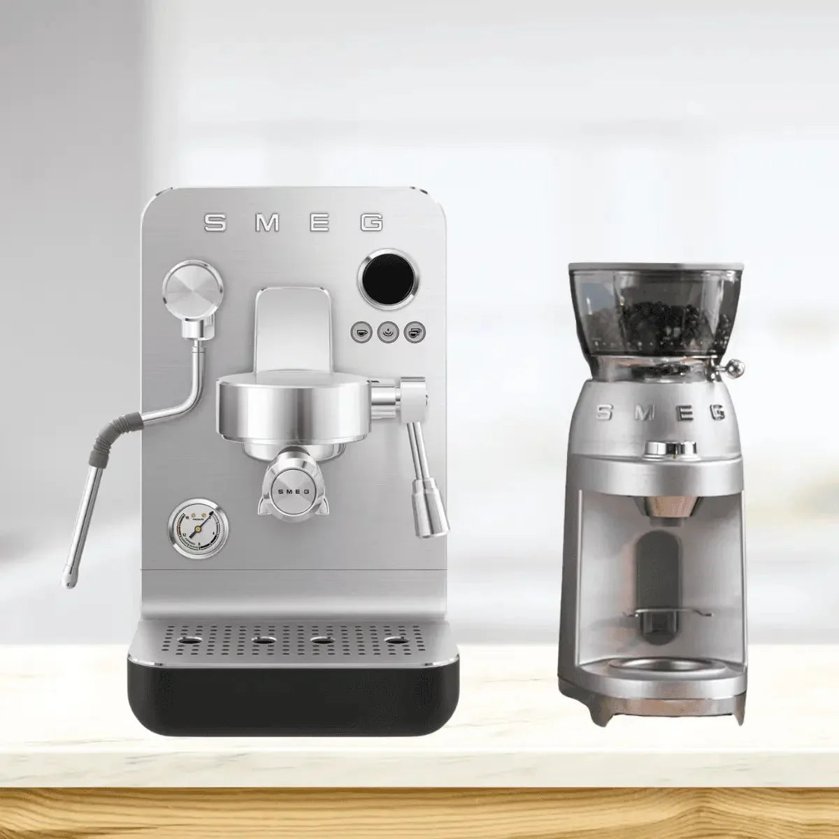 Smeg EMC02 MiniPro Espresso Machine + Smeg CGF02 Mini Pro Coffee Grinder Home Bundle Kit