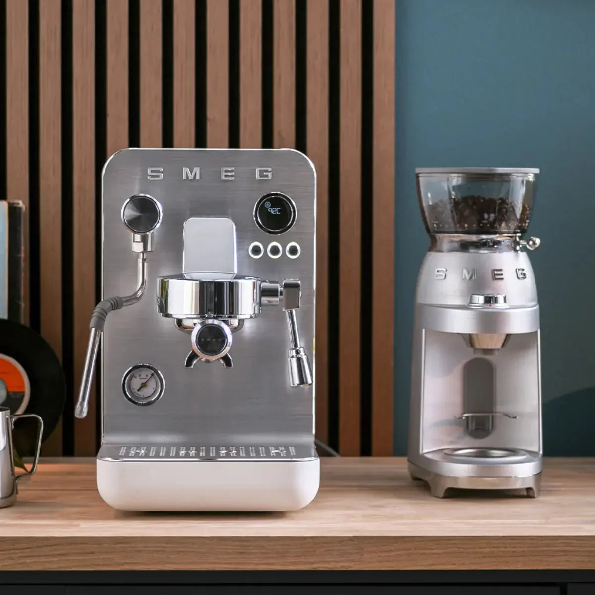 Smeg EMC02 MiniPro Espresso Machine + Smeg CGF02 Mini Pro Coffee Grinder Home Bundle Kit